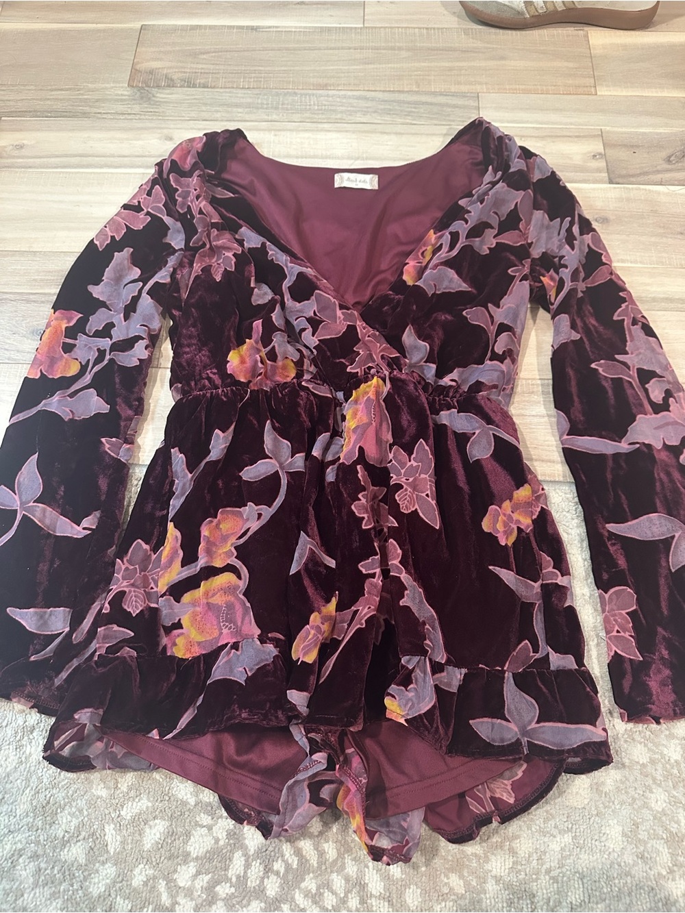 Altar'd State Burgundy Velvet Floral Wrap Romper with Pink & Yellow Accents
